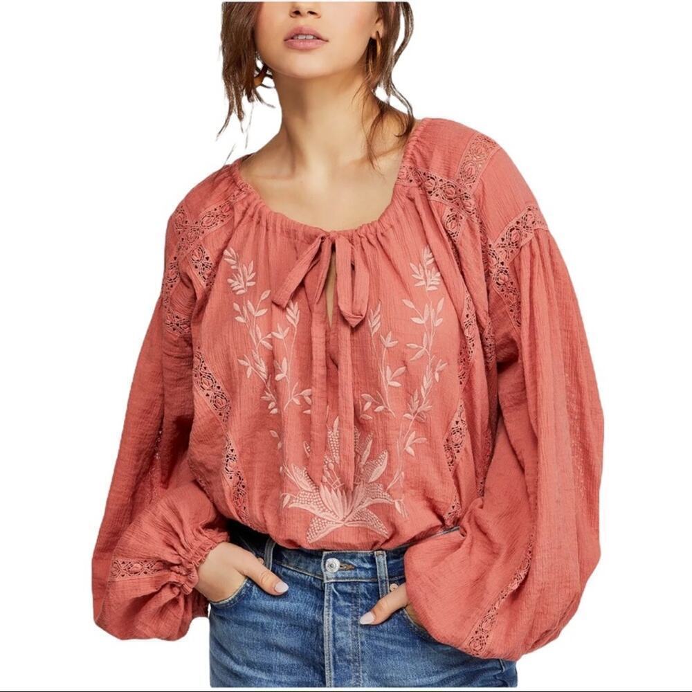 Free People Maria Maria Crochet Embroidered Blouse Athena Red Terracotta Small